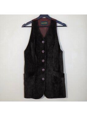 Danier Suede Front Vest S Khaki Green Brown Pockes Buttons Long Line Grunge Boho